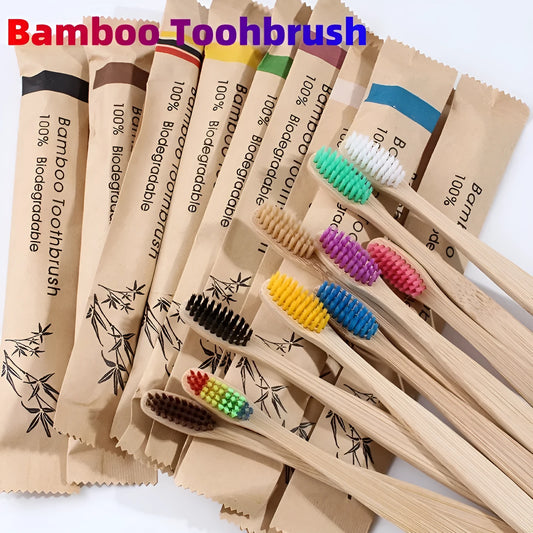 10 bamboo toothbrushes with charcoal bristles in multiple colours including green, purple, yellow, white, grey and black