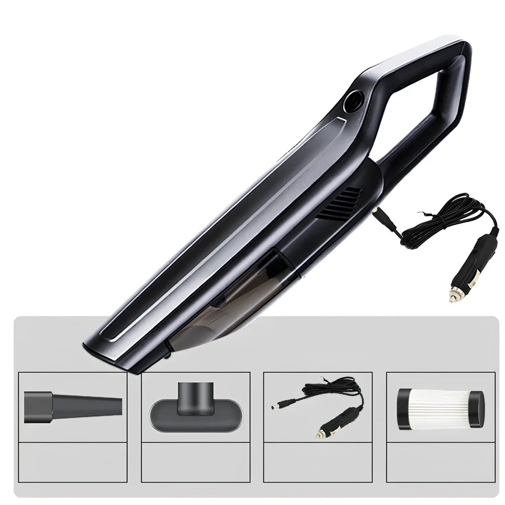 Handheld car vacuum cleaner with long nozzle and brush attachments for cleaning vehicle interiors