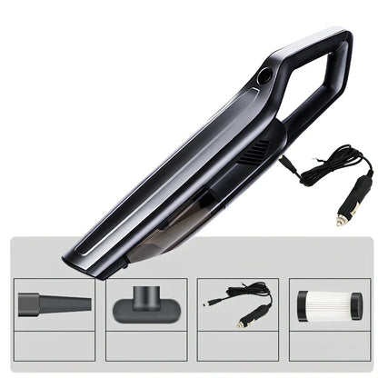 Handheld car vacuum cleaner with long nozzle and brush attachments for cleaning vehicle interiors
