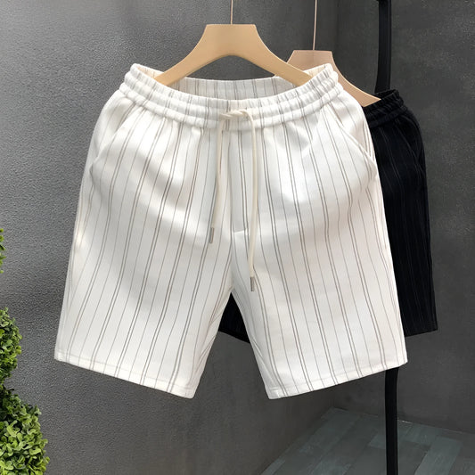 Men's black and white striped casual shorts with fleece lining, double-layer waistband, straight-leg design with ankle banding