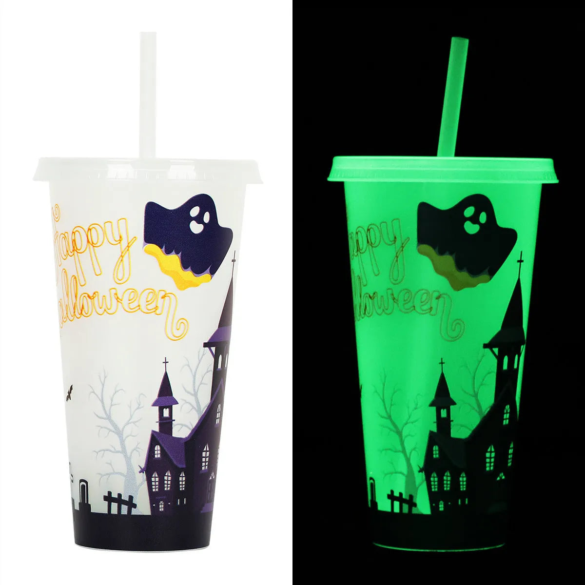 720ml plastic sippy cup with luminous straw showing cylindrical shape and Halloween colours