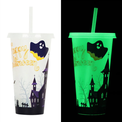 720ml plastic sippy cup with luminous straw showing cylindrical shape and Halloween colours
