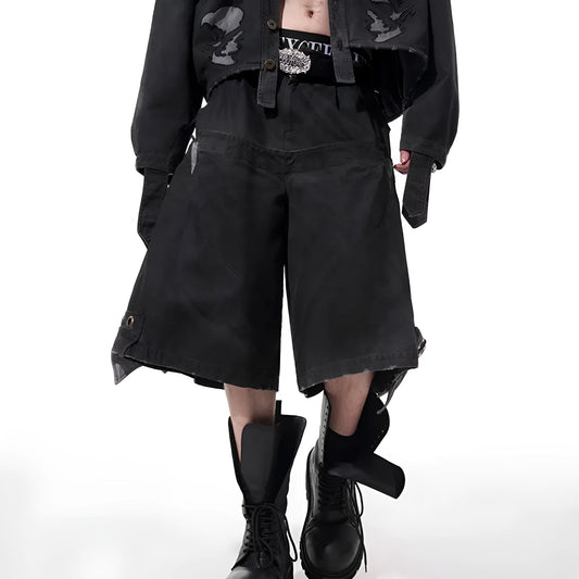Men's black double waist loose cropped pants with mid-high waist and micro-elastic fabric