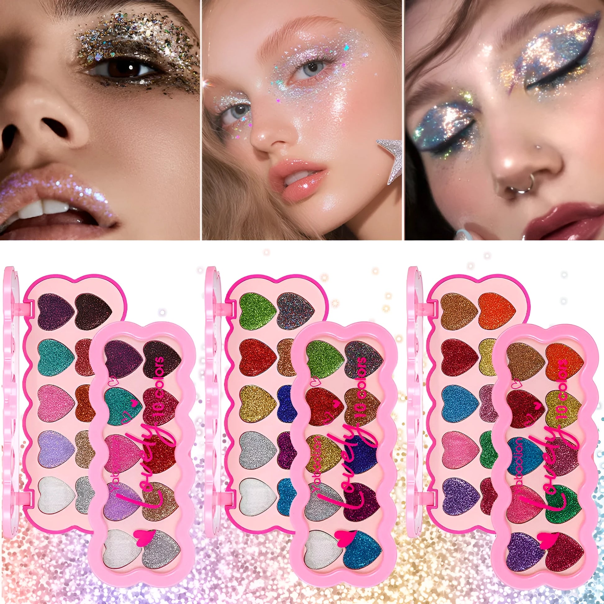 Pearlescent Heart Ten-colour Sequins Eye Shadow palette showing ten shimmery shades