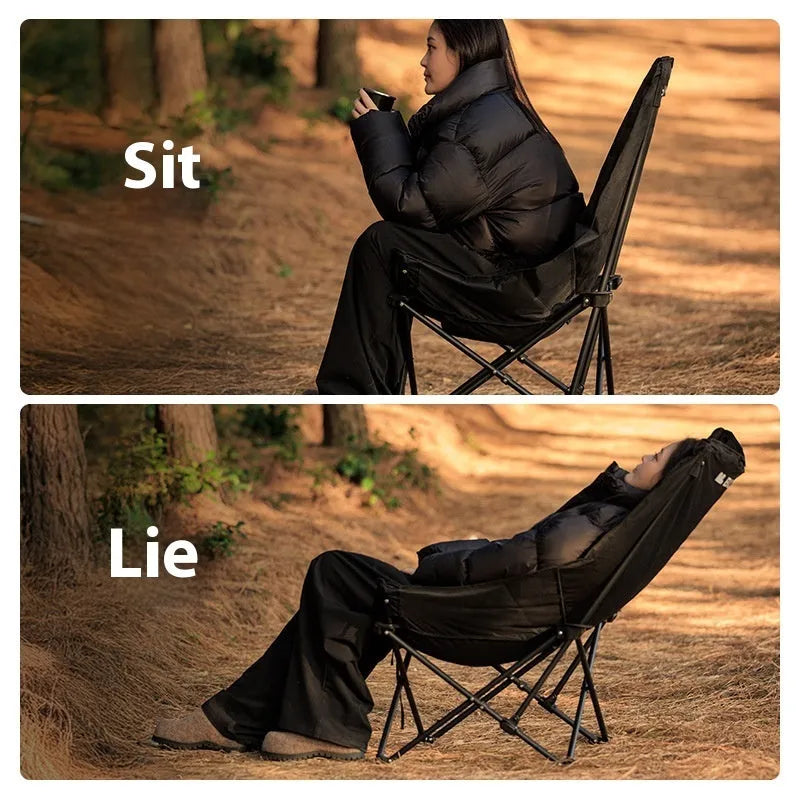 Night black Oxford cloth moon style folding camping chair with curved backrest in open position
