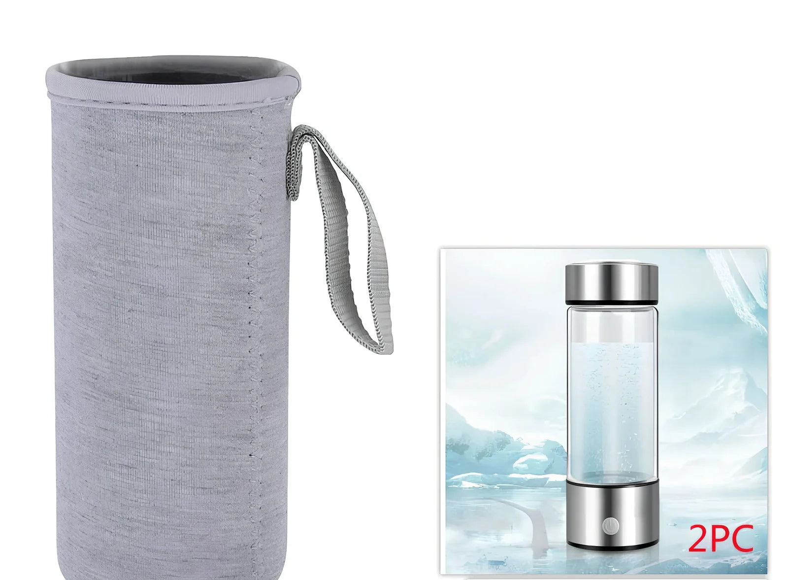 Portable hydrogen water cup in silver with borosilicate glass, showing electrolysis bubbles and romatic light, 3-minute generation