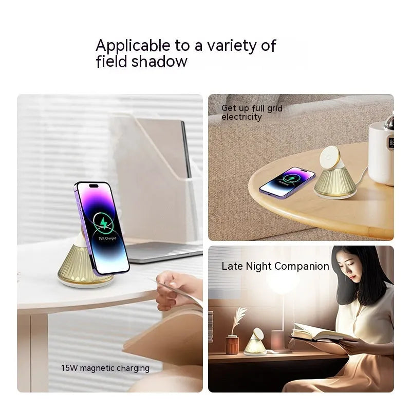 Night table lamp with integrated wireless charging seat in champagne gold or metallic gun colour finish