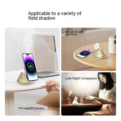 Night table lamp with integrated wireless charging seat in champagne gold or metallic gun colour finish