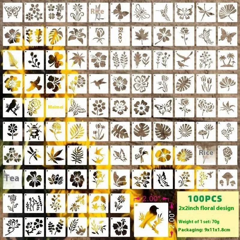 Milky white PET film spray painting stencil sheets with hollow-cut animal, floral, letter, and mandala designs.