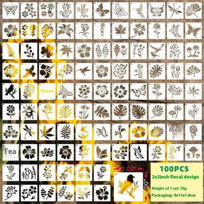 Milky white PET film spray painting stencil sheets with hollow-cut animal, floral, letter, and mandala designs.