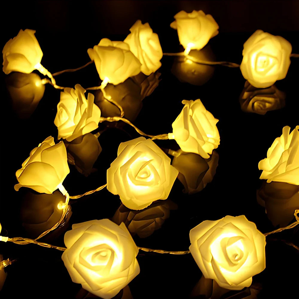 3-metre long battery-powered LED floral string lights with 20 white floral units on green plastic stems