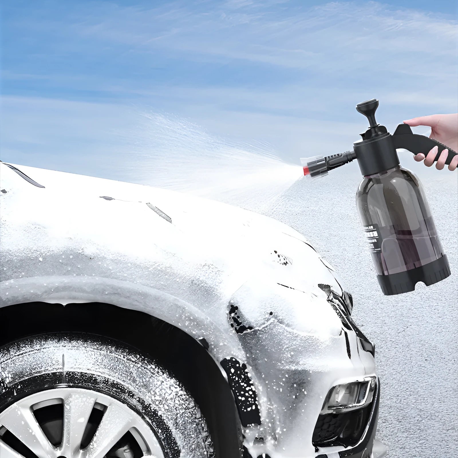 Black 2-litre hand-held foam sprayer with pump handle and two nozzles for car washing and gardening.