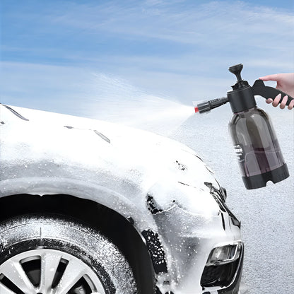 Black 2-litre hand-held foam sprayer with pump handle and two nozzles for car washing and gardening.