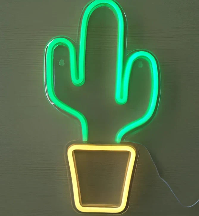 LED neon decorative light with acrylic back panel showing USB power connection and multiple design options