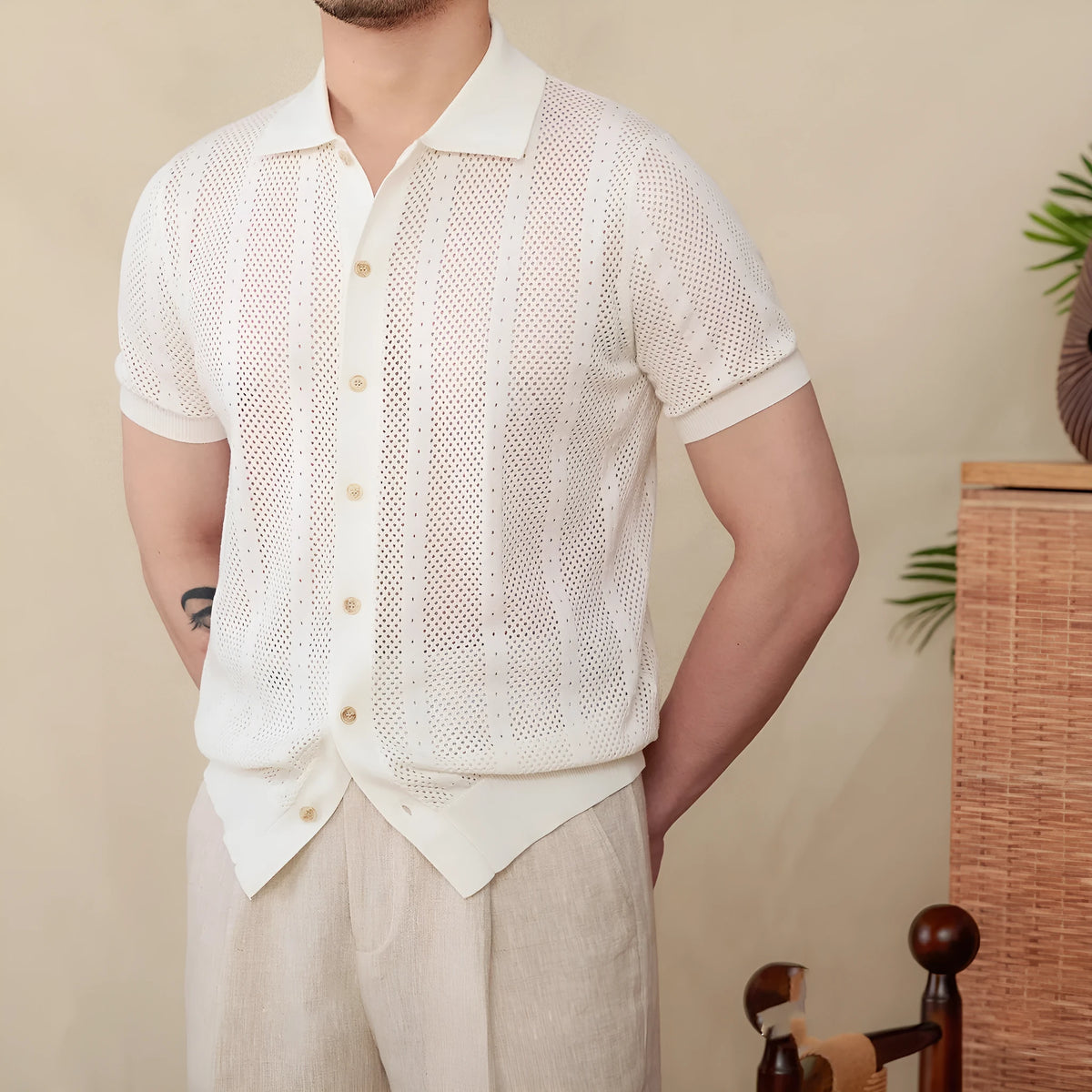 Men's creamy-white short sleeve lapel cardigan knitted casual shirt made from 100% cotton.