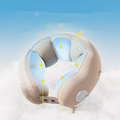 Cartoon cloud bubble coloured U-shaped portable travel neck pillow shown compressed and packed.