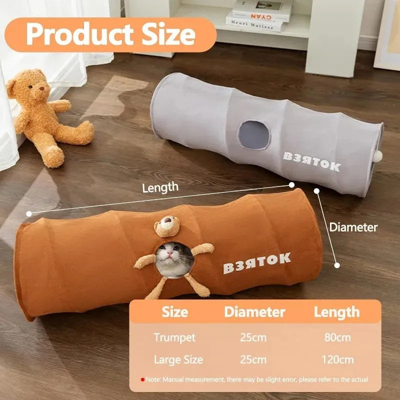Collapsible brown or grey cat tunnel with a plush ball on top, shown in both extended and folded flat positions.