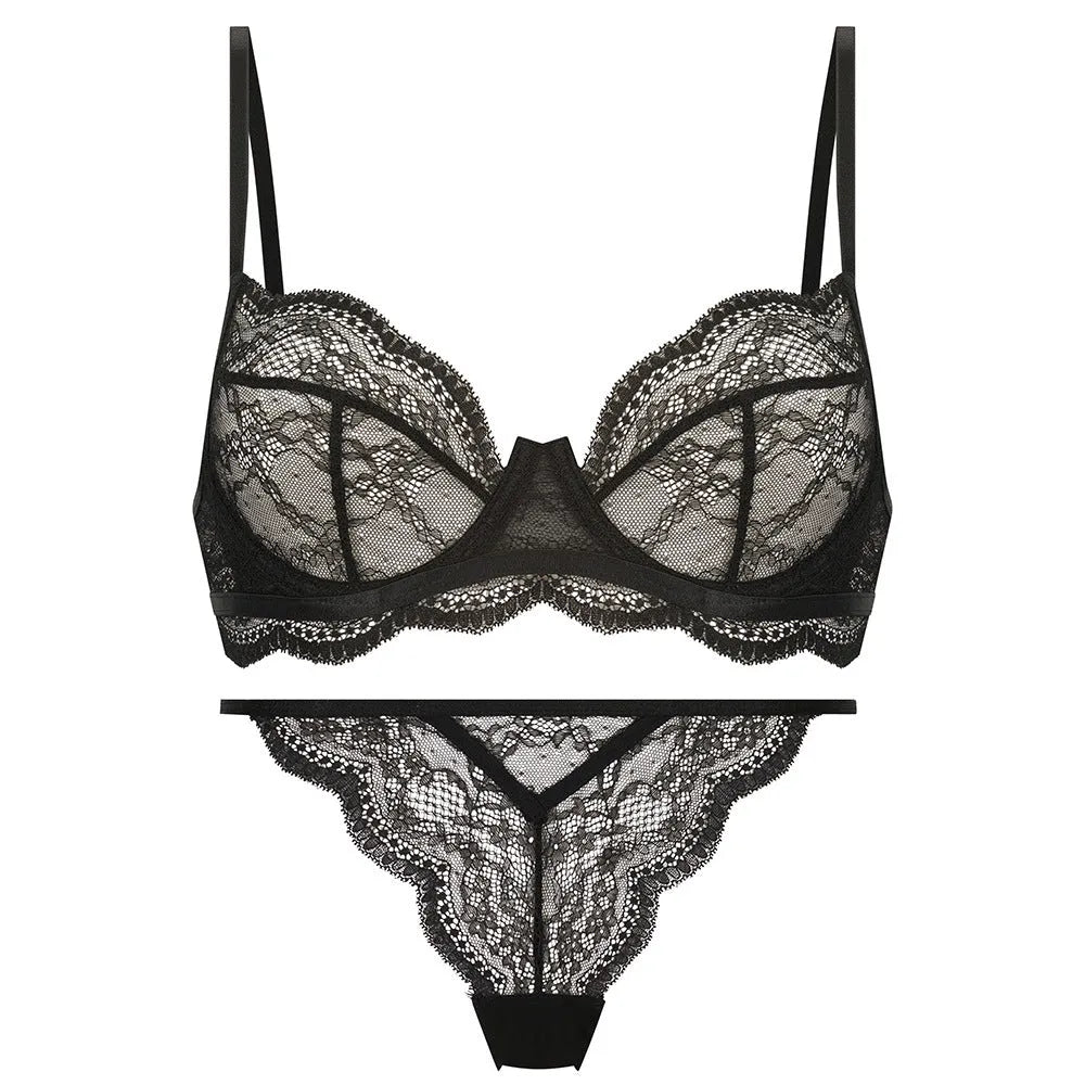 Women's black red or green nylon French bra bikini set with double shoulder straps, sizes S M L XL.