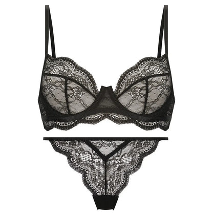 Women's black red or green nylon French bra bikini set with double shoulder straps, sizes S M L XL.