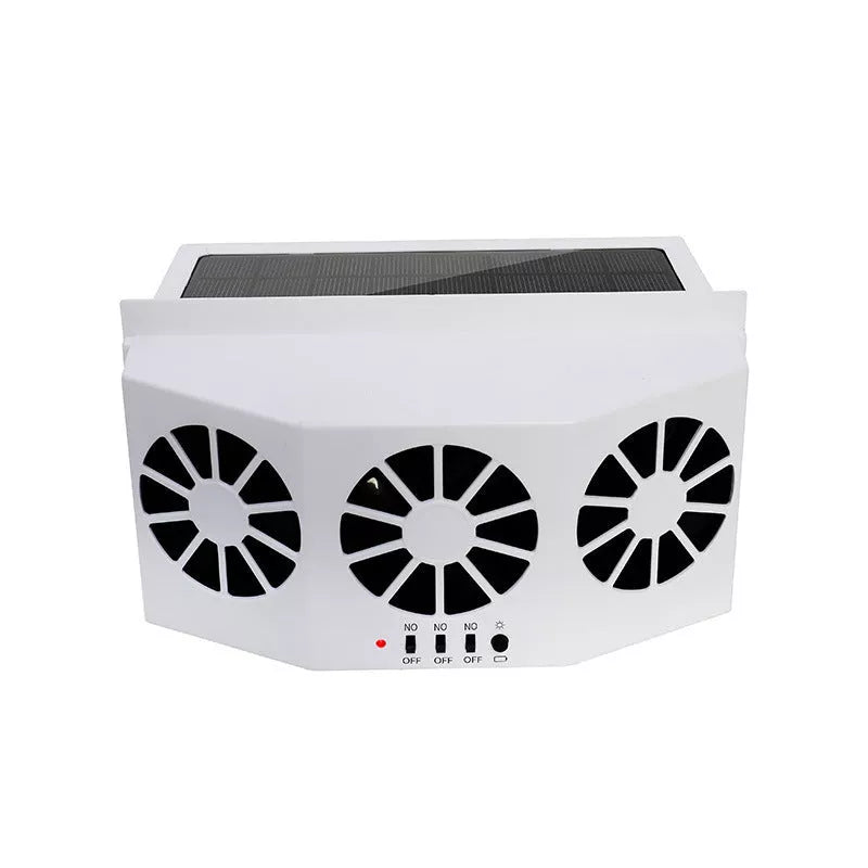 Solar-powered car ventilation fan with adjustable panels in white and black options