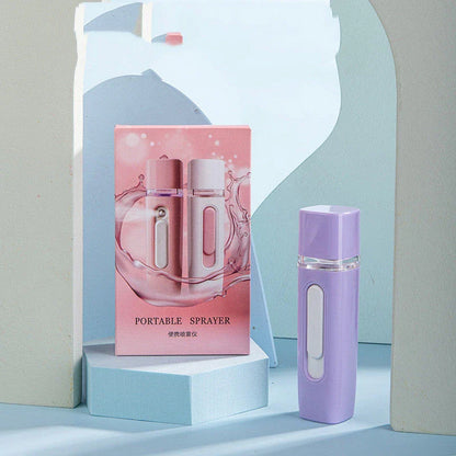 Portable facial mister with rechargeable power bank, transforms water into fine mist for skin hydration and rejuvenation