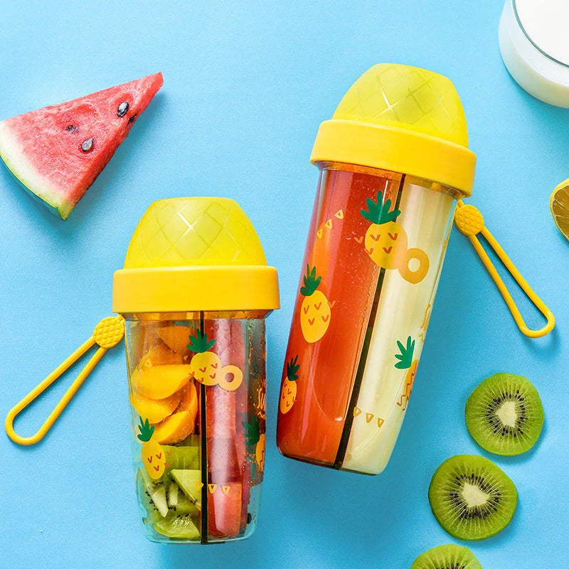 Double straw cup with leak-proof design for couples, available in pineapple, strawberry, and watermelon patterns.