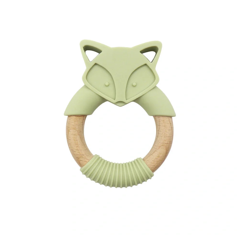 Wooden fox teether with orange silicone ring measuring 80mm high