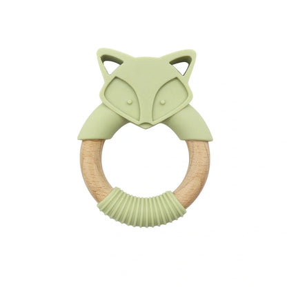 Wooden fox teether with orange silicone ring measuring 80mm high