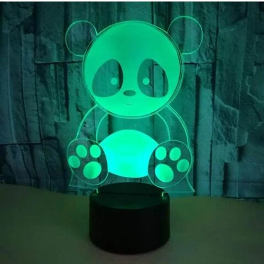 Panda decorative LED night light with remote control showing seven colour options on acrylic panel.