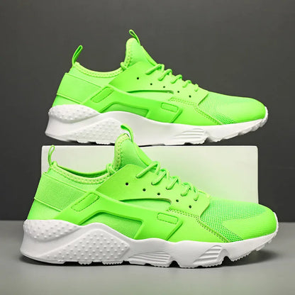 Men's low top casual shoes in fluorescent red mesh with cross straps and round toe