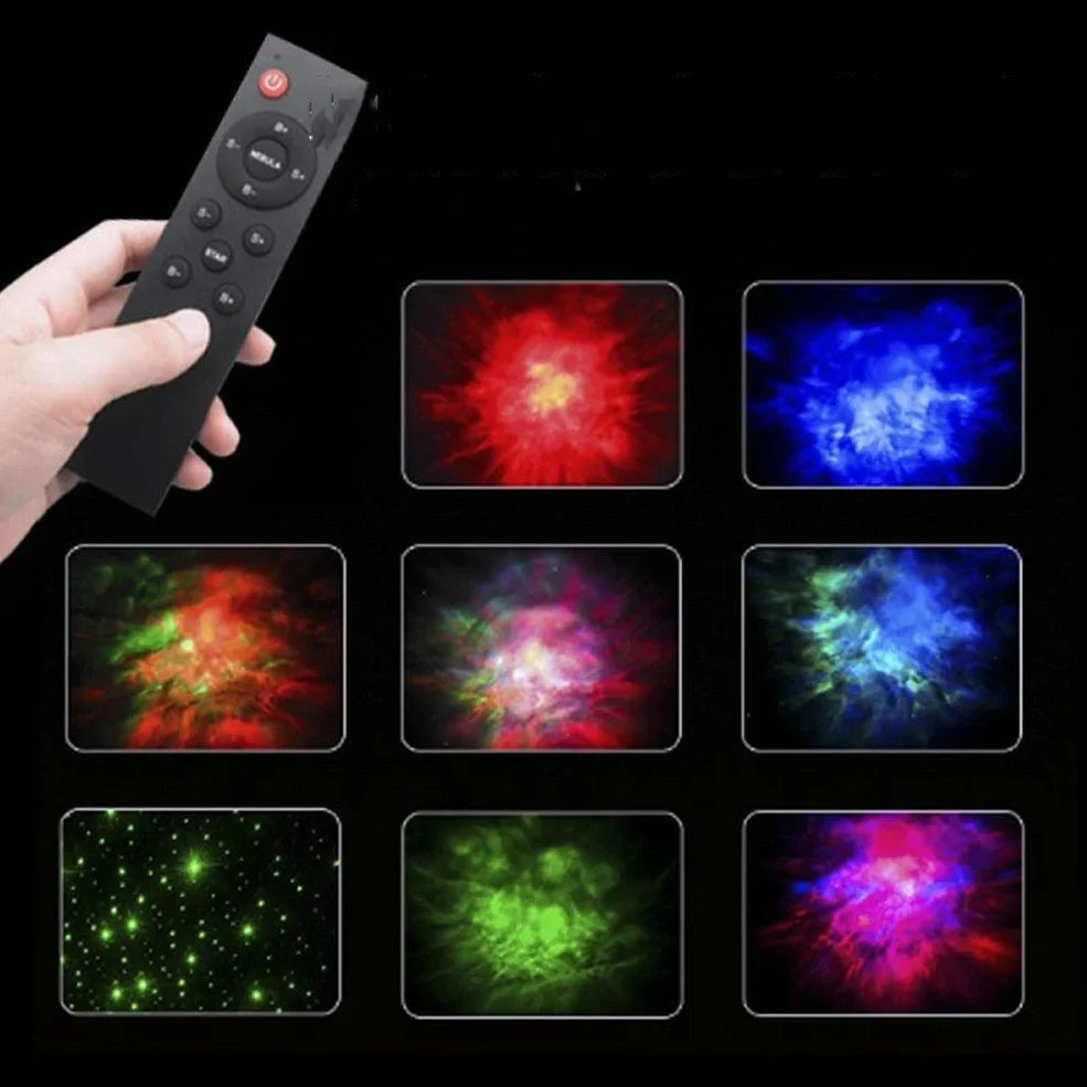 Astronaut-themed galaxy projector with adjustable nebula effects on table showing starry sky projection