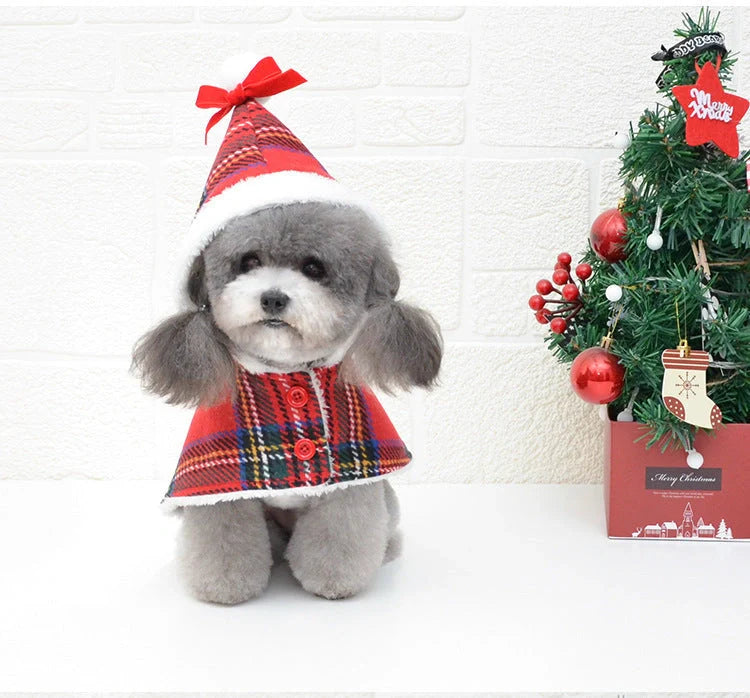 Christmas red check knitted turtleneck dog sweater with suede lining for winter warmth