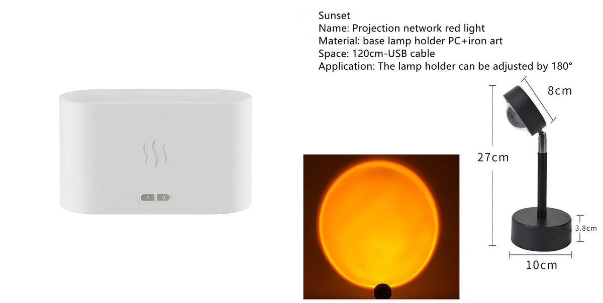 Square black aroma diffuser with flame light effect and mist output, 75x75x137mm