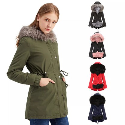 Mid-length hooded parka in various colors, ideal for cold weather protection