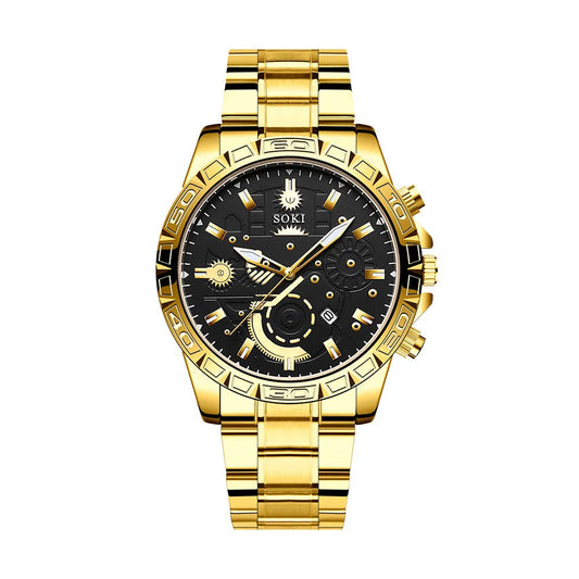 Gold men's business watch with stainless steel strap showing 10mm thickness case and calendar display