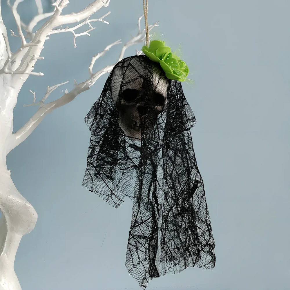 Foam Halloween skull hanging decor in purple with lace, 40 cm height for stage props