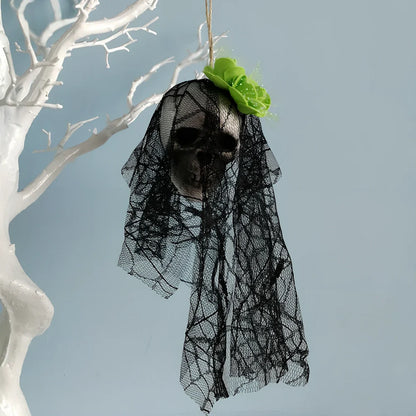 Foam Halloween skull hanging decor in purple with lace, 40 cm height for stage props