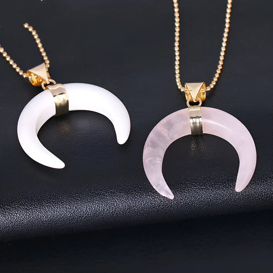 Natural stone moon pendant necklace with electroplated copper fittings on adjustable 45cm chain