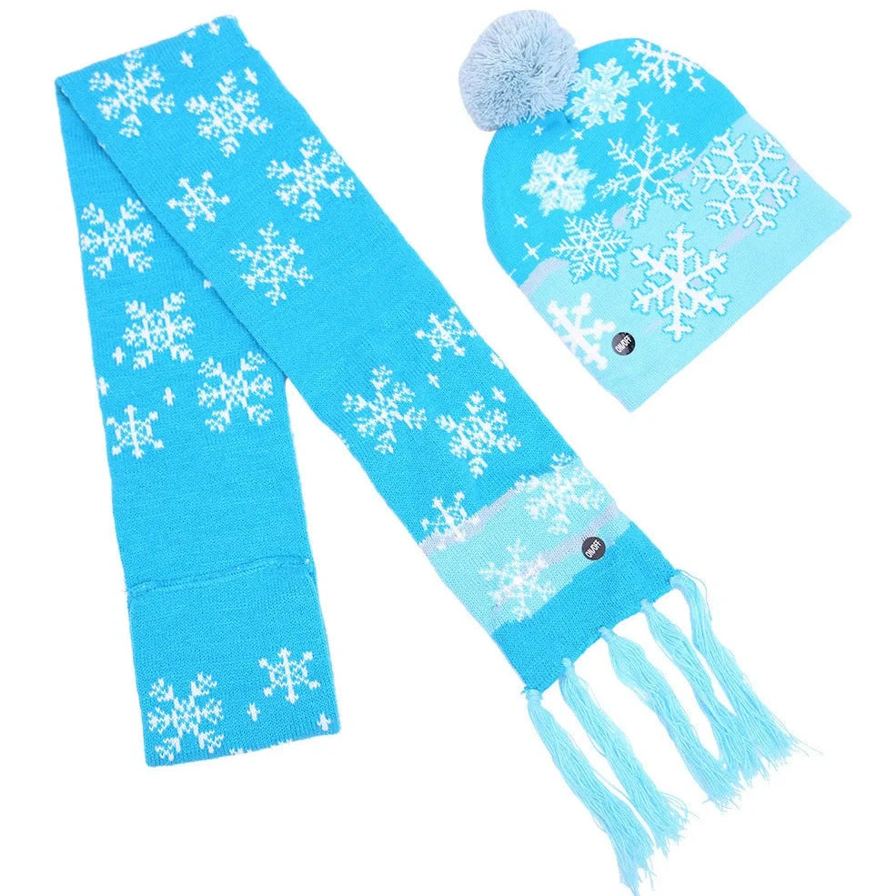 Christmas LED knitted hat with built-in lights showing flexible sizing and integrated illumination system