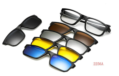 Magnetic sunglasses showing closure system with resin lenses and PC frame in multiple size options