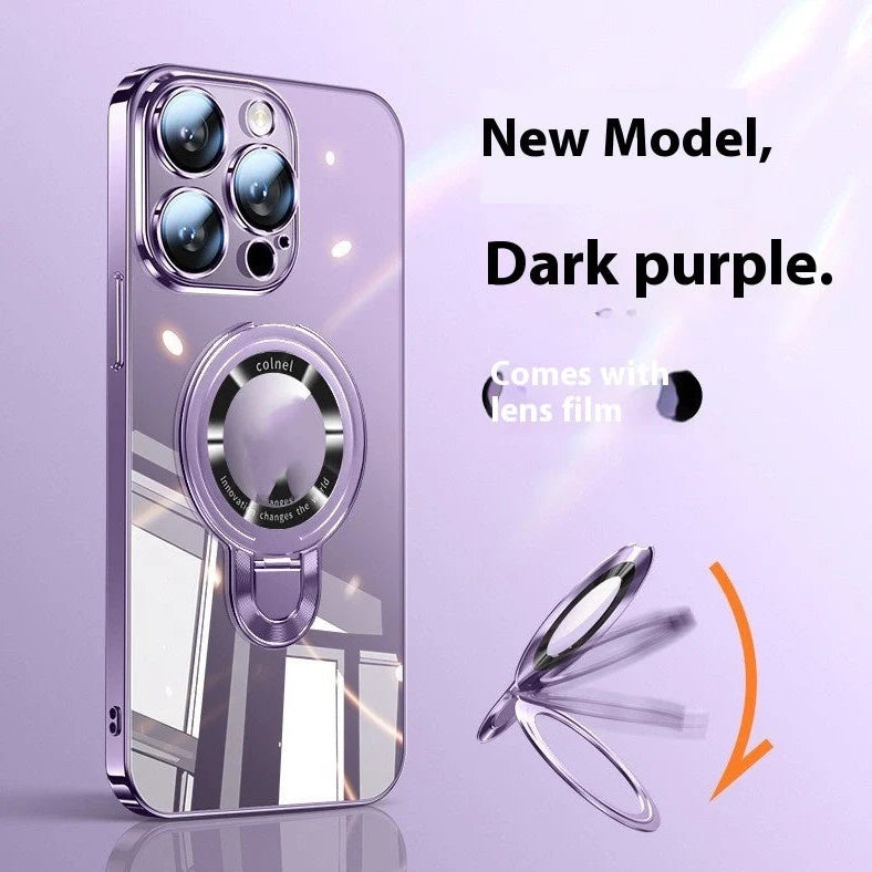 Desert gold electroplated iPhone 17 case showing 360-degree rotating bracket extended and magnetic back surface