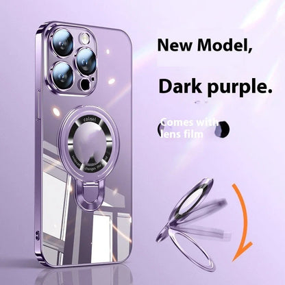 Desert gold electroplated iPhone 17 case showing 360-degree rotating bracket extended and magnetic back surface