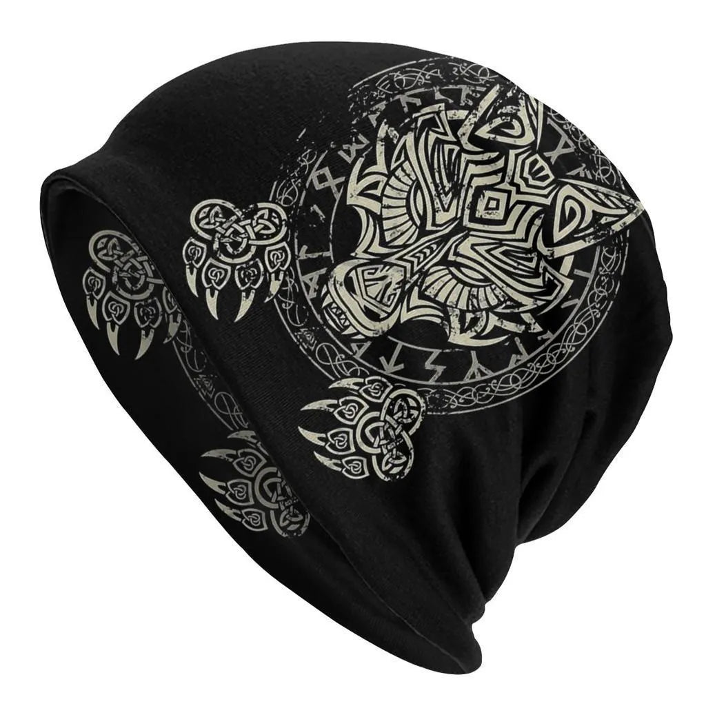 A black cotton hat with a white Viking wolf graphic and an elasticated sleeve cap construction.