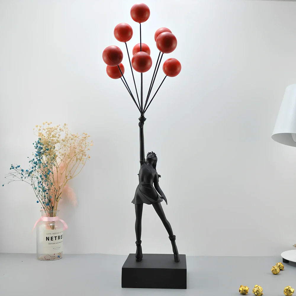 Bubble Girl natural resin sculpture ornament in white with red ball, 10-15 cm tall hanging modern decor piece