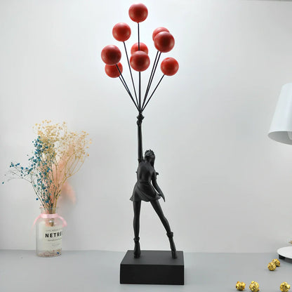 Bubble Girl natural resin sculpture ornament in white with red ball, 10-15 cm tall hanging modern decor piece