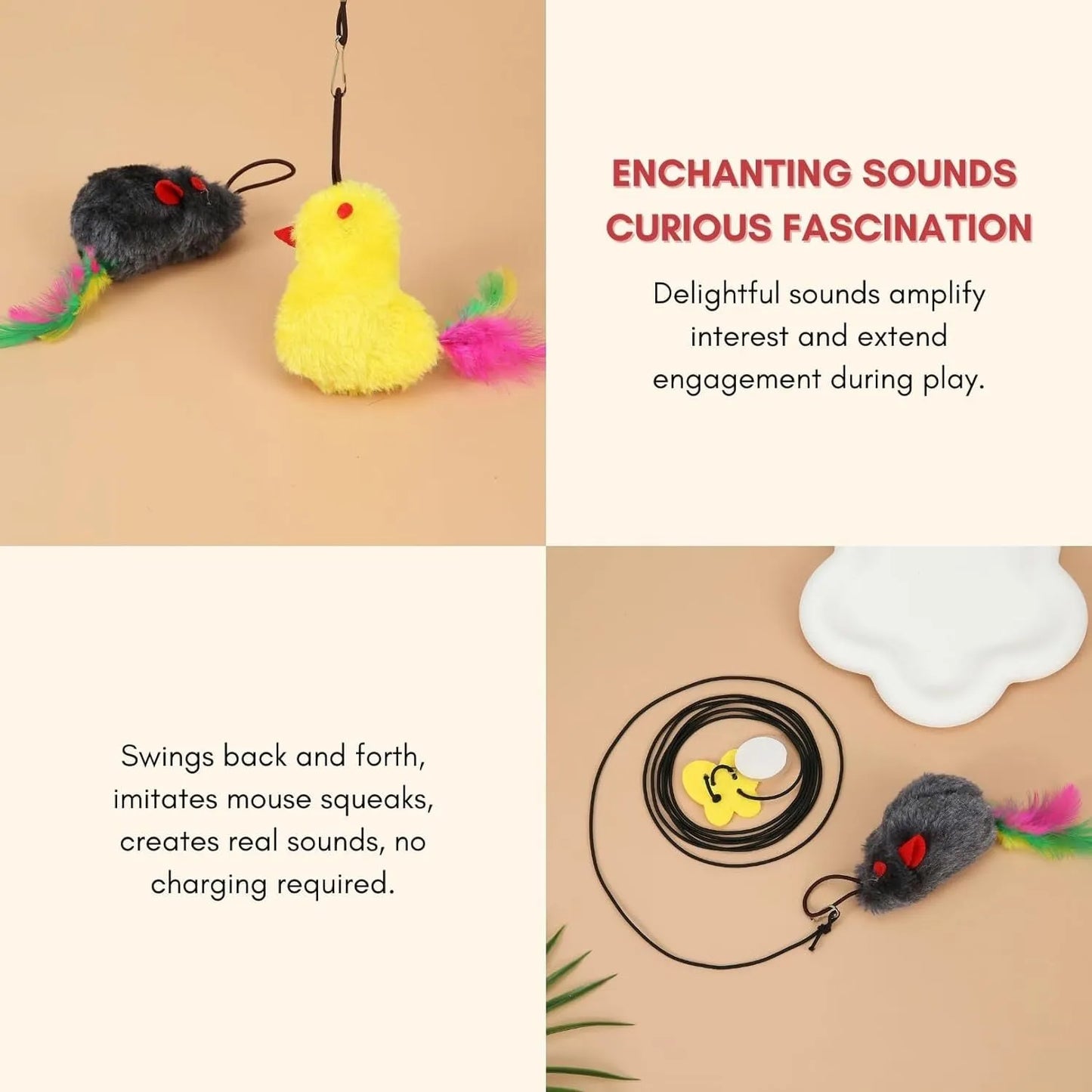 Grey and yellow interactive cat toy hanging on door frame with retractable elastic rope and treat dispenser