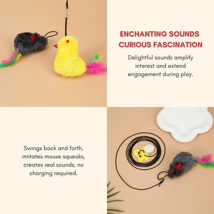 Grey and yellow interactive cat toy hanging on door frame with retractable elastic rope and treat dispenser