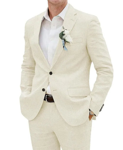 Men's beige linen blend slim fit two-piece suit for business and formal occasions
