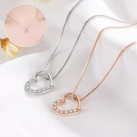S925 Sterling Silver Love Heart Pendant Necklace in white gold and rose gold colors