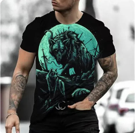 Man wearing a short-sleeved grey t-shirt with a retro-style 3D graphic of a wild animal printed on the front.
